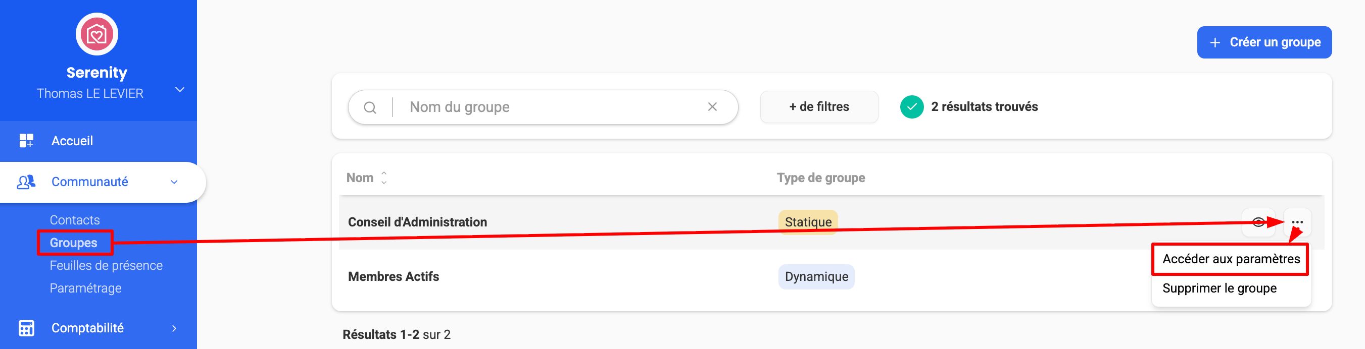 Dans la section Groupes, menu contextuel du groupe « Conseil d'Administration » avec l'option « Accéder aux paramètres » mise en évidence