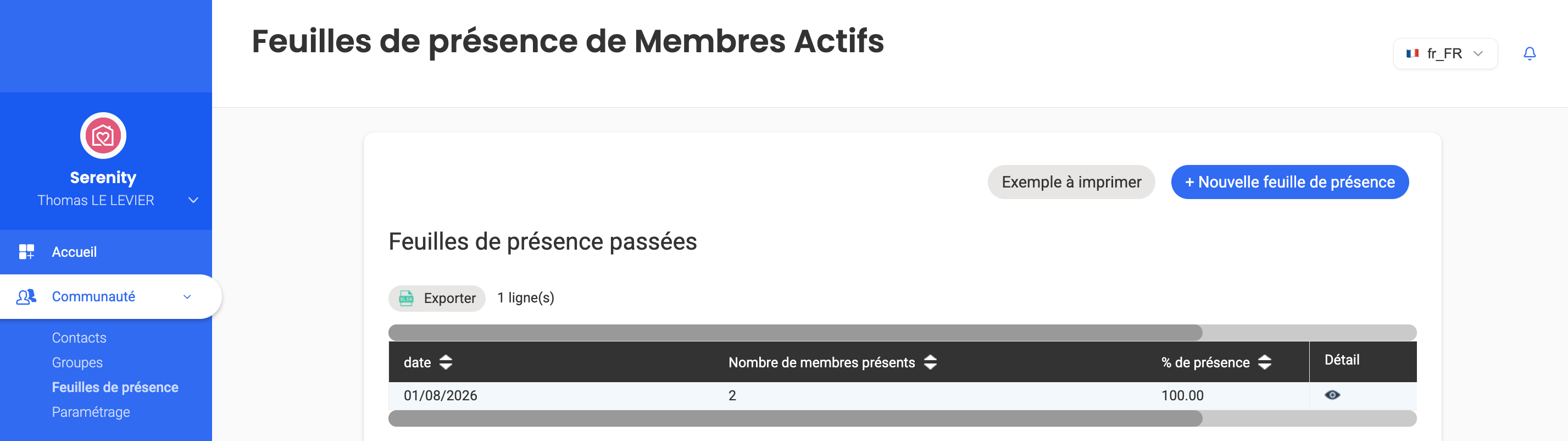 Page « Feuilles de présence de Membres Actifs » dans AssoConnect, affichant une feuille passée au 01/08/2026 avec 2 membres présents et 100 % de présence