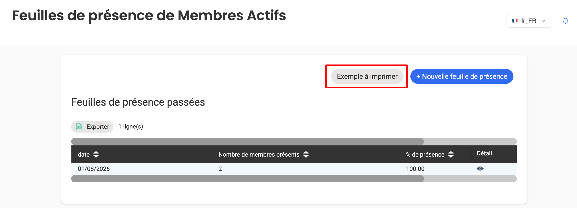 Page « Feuilles de présence de Membres Actifs » avec le bouton « Exemple à imprimer » encadré en rouge, et le tableau des feuilles passées.