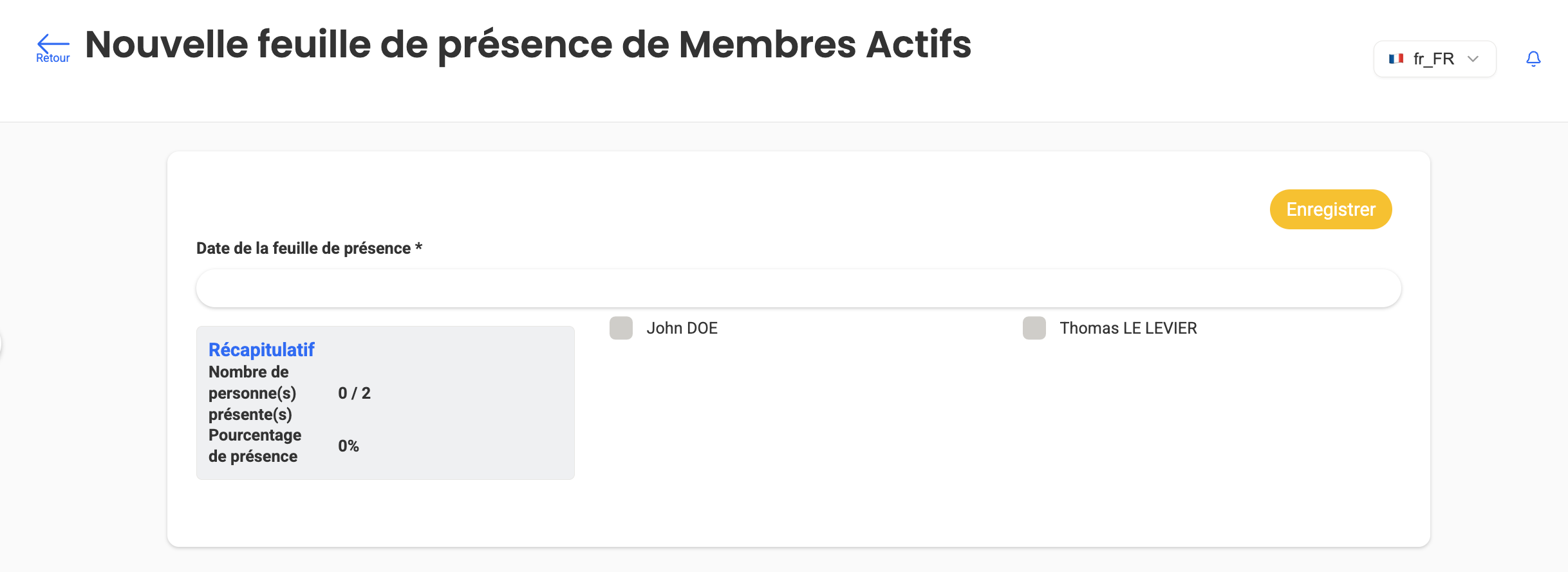 Formulaire de création d'une feuille de présence de Membres Actifs, avec les membres John DOE et Thomas LE LEVIER et un récapitulatif indiquant 0/2 présents (0%).