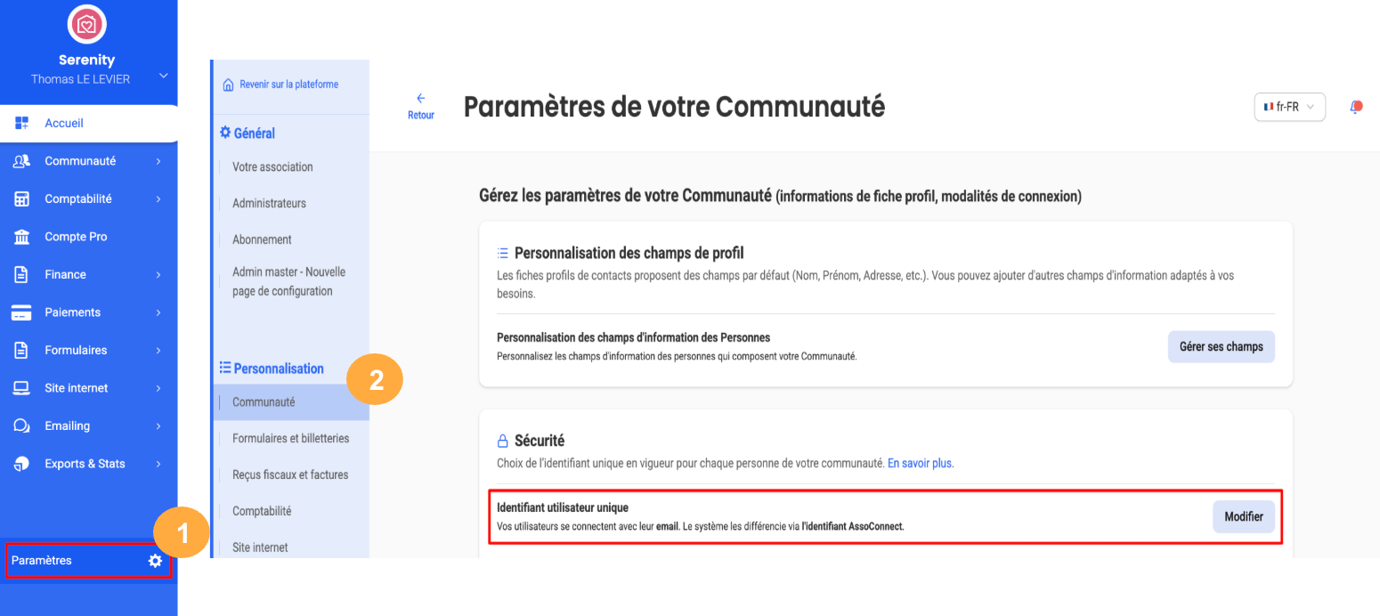 Paramètres de la Communauté dans AssoConnect : accès via "Paramètres" (1) puis "Personnalisation > Communauté" (2), avec la section "Identifiant utilisateur unique" mise en évidence.