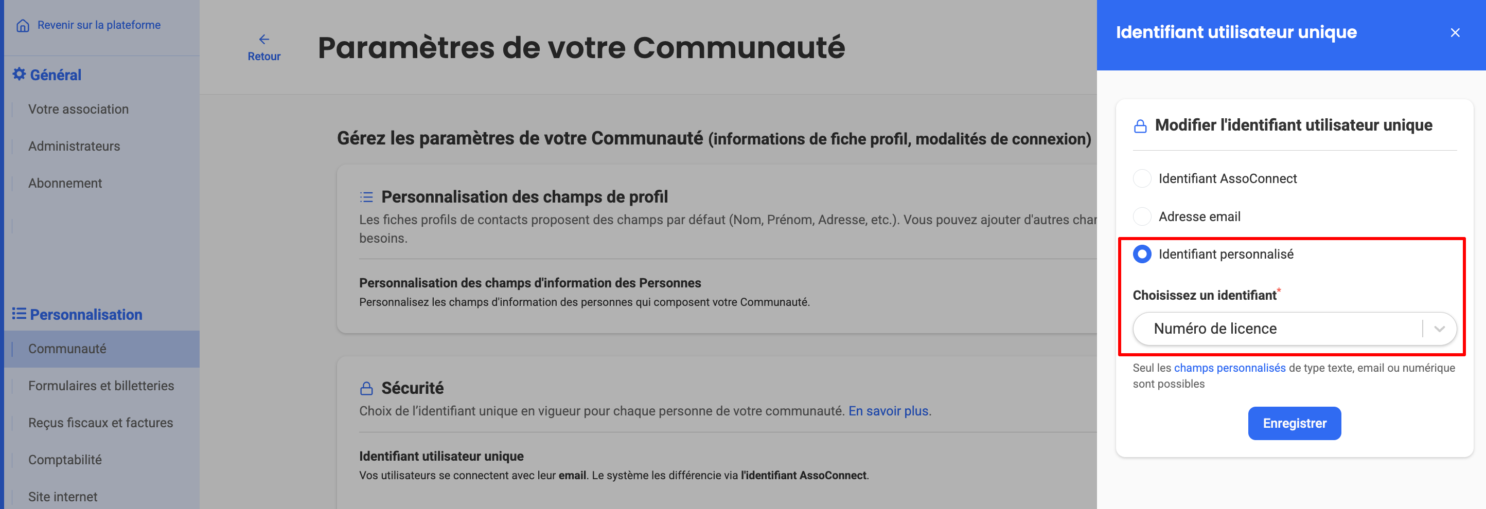 Panneau « Identifiant utilisateur unique » dans les paramètres Communauté d'AssoConnect, avec l'option « Identifiant personnalisé » sélectionnée et « Numéro de licence » choisi comme identifiant.