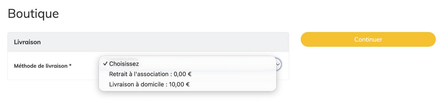 Affichage côté client des options de livraisons.