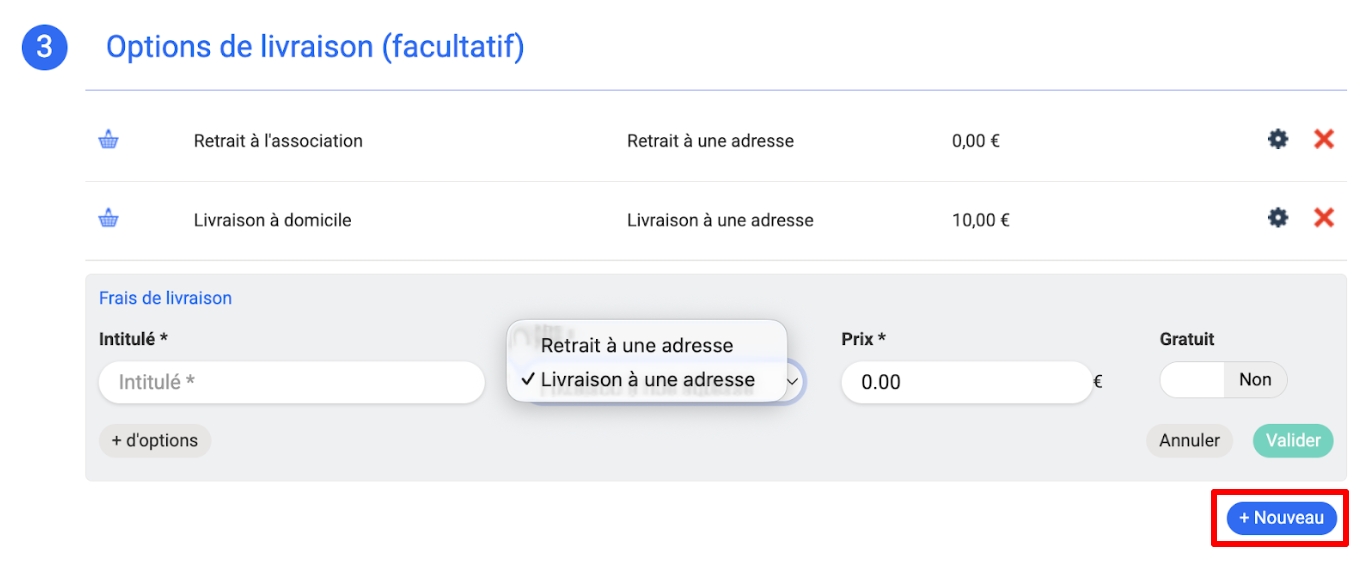 Etape 3 formulaire billetterie. Résultat après ajout de deux options de livraisons : Retrait à l'association // Livraison à domicile. Plus une option en cours de configuration.
