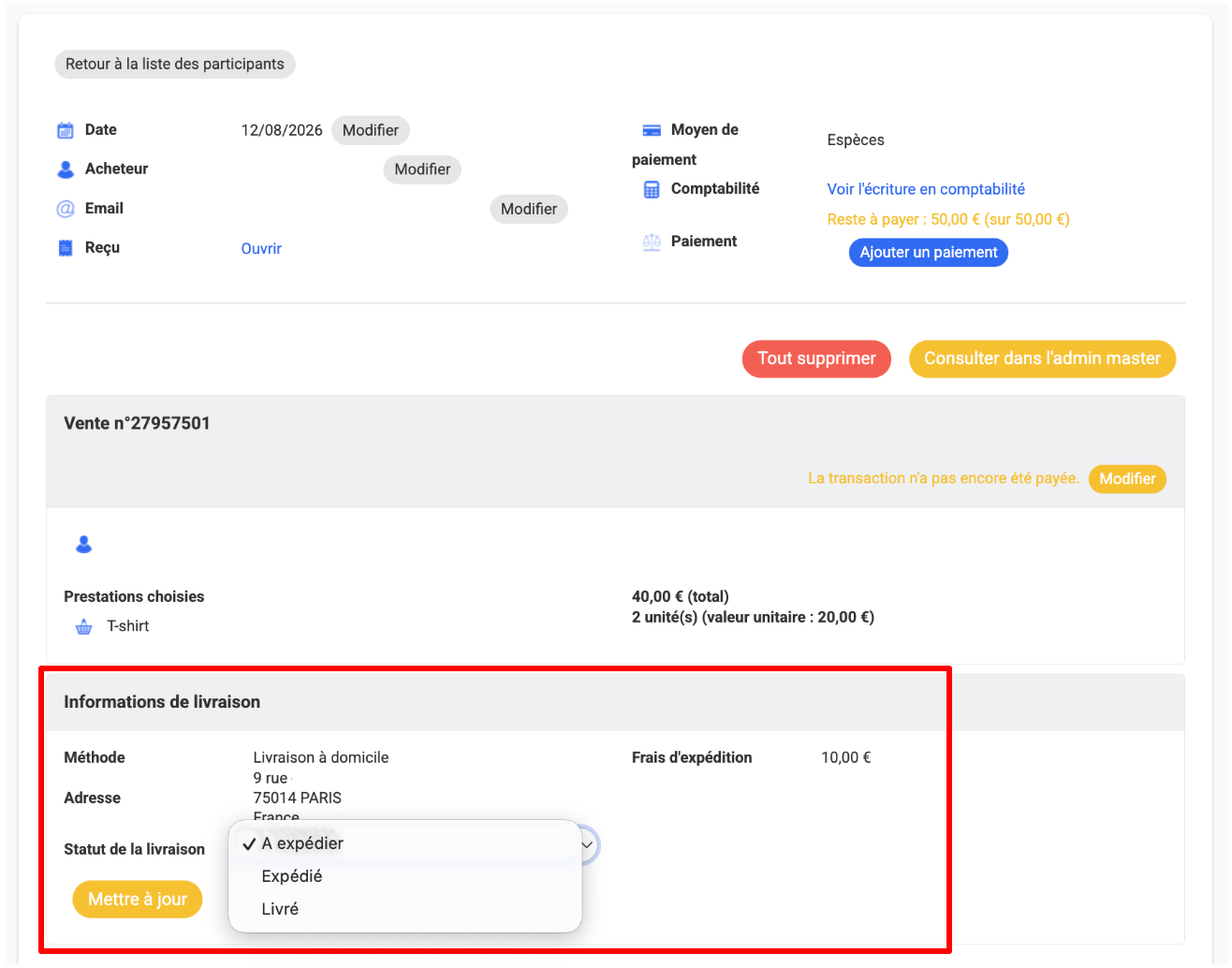 Détail d'une transaction affichant la méthode de livraison choisie, l'adresse et le sélecteur de statut À expédier / Expédié / Livré