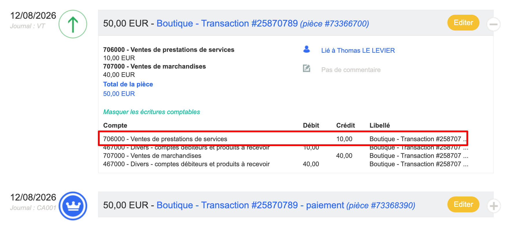 Détail comptable d'une transaction. Les frais de livraisons sont passé en 706000 - Ventes de prestations de services.