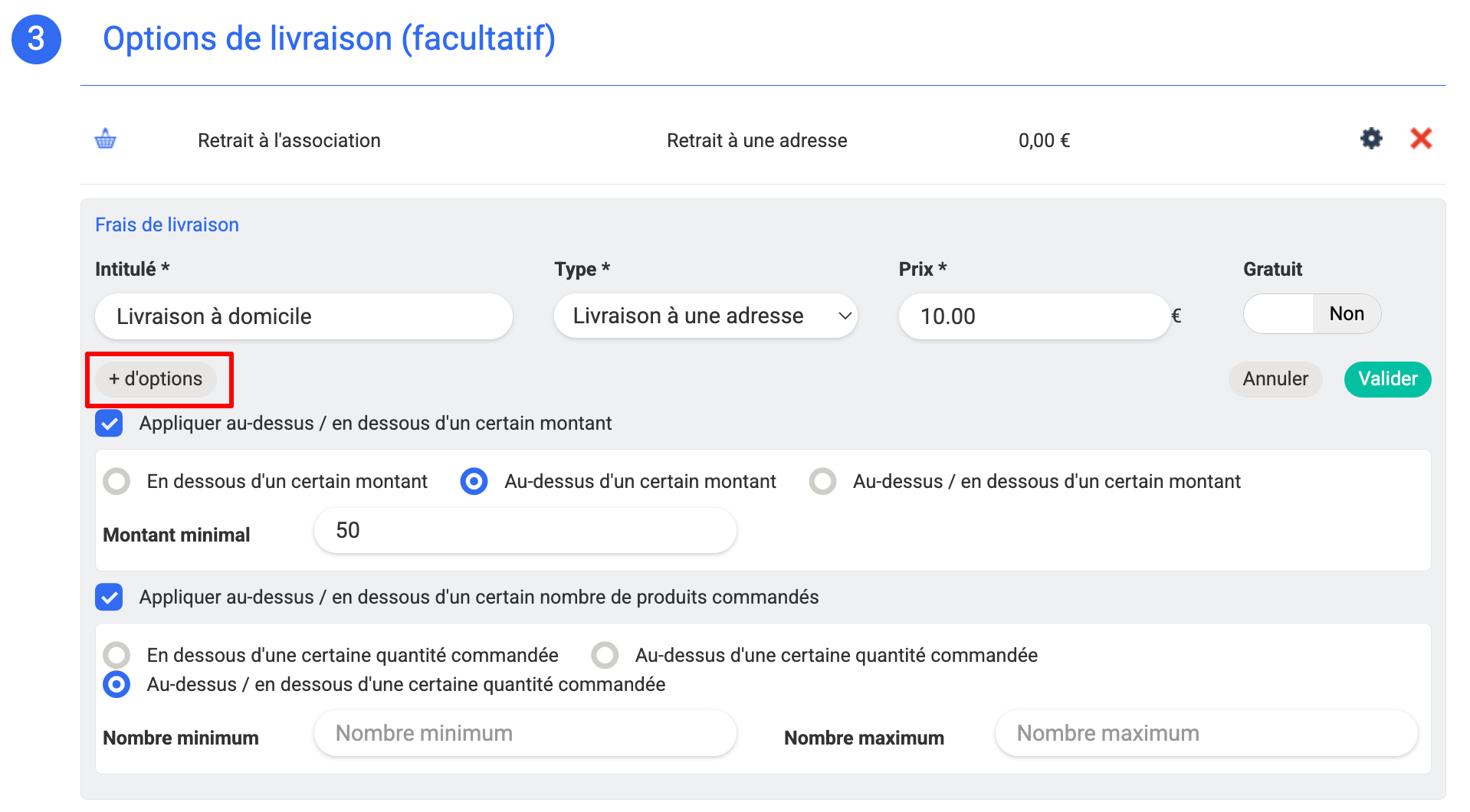 Options de paramétrage des frais de livraisons au clic sur "+ d'options". 
