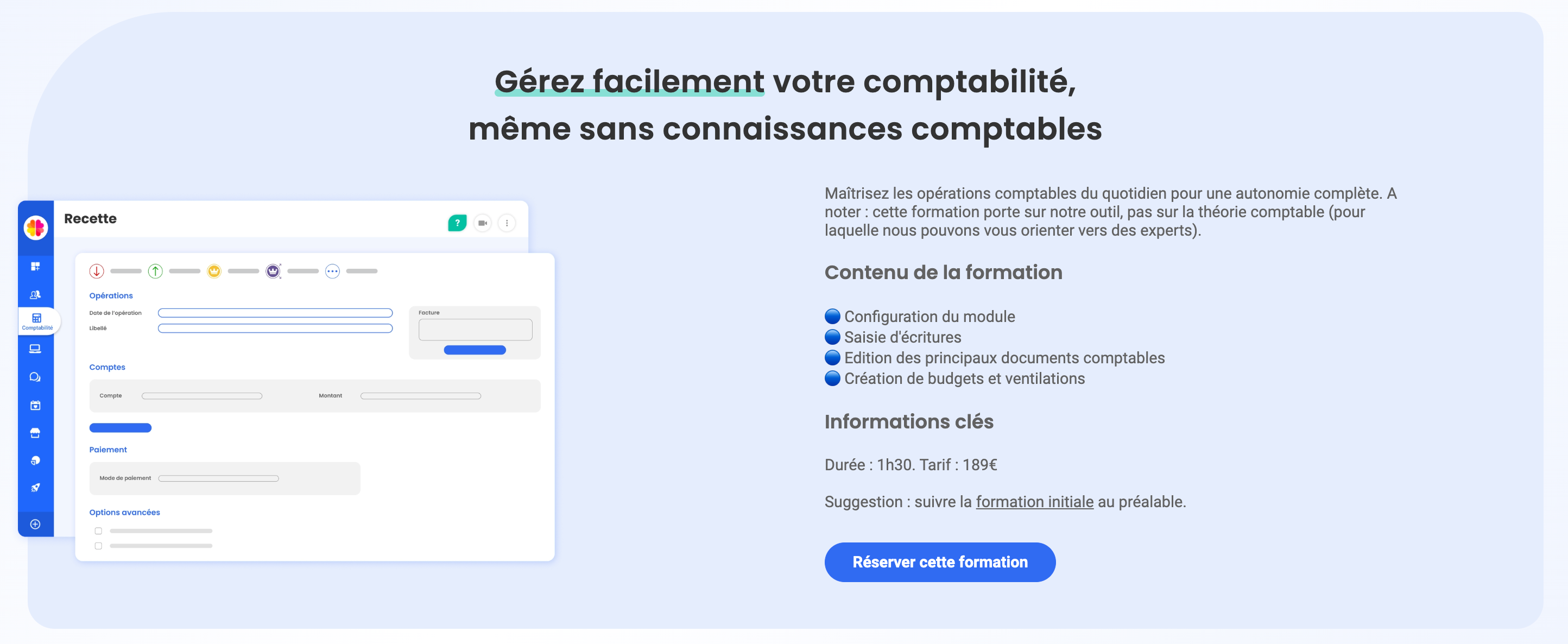 Formulaire de saisie d'une recette dans le module Comptabilité d'AssoConnect, avec les sections Opérations, Comptes et Paiement