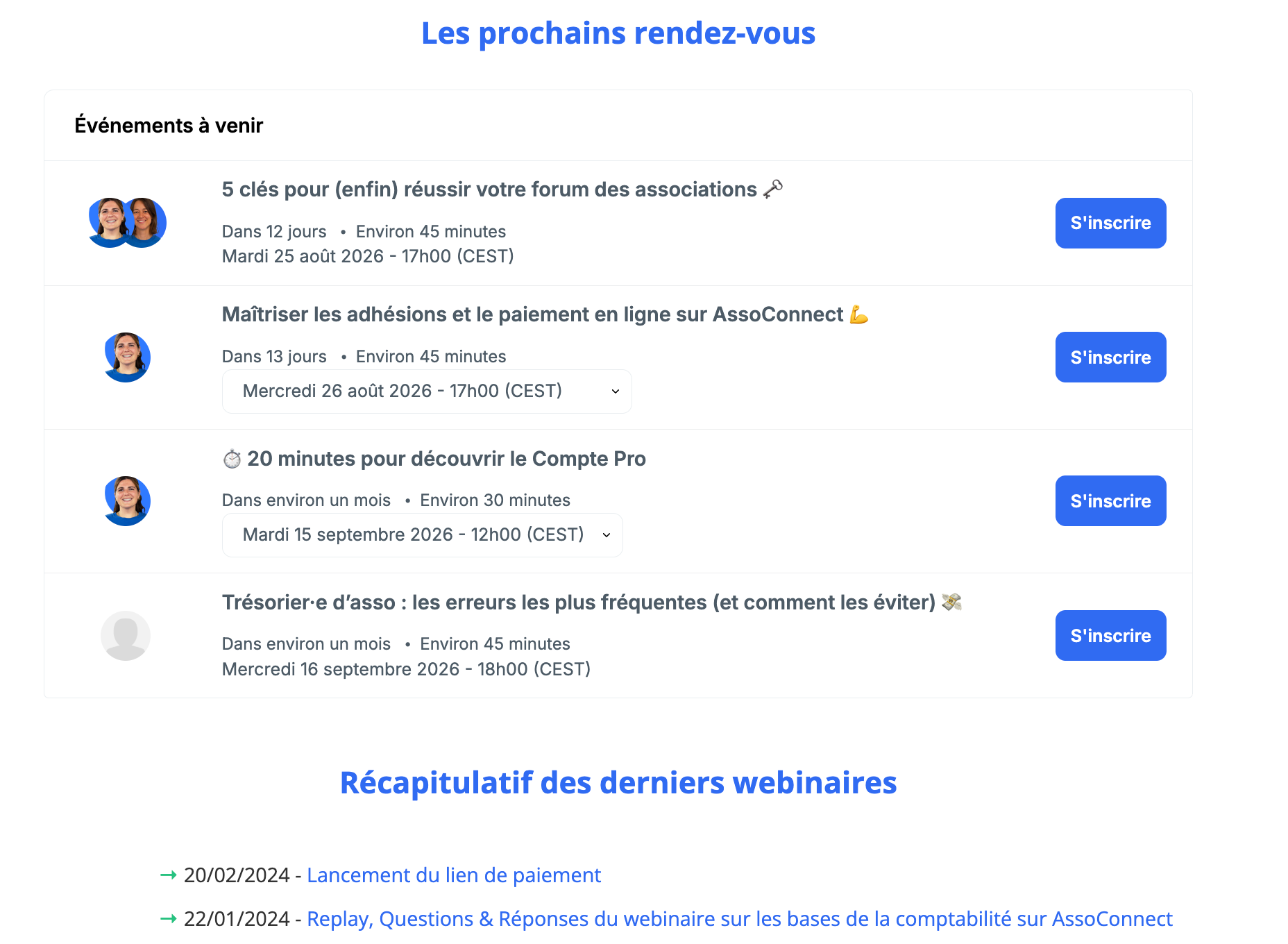 Liste des prochains webinaires AssoConnect avec leurs dates, durées et boutons d'inscription, ainsi qu'un récapitulatif des derniers webinaires.