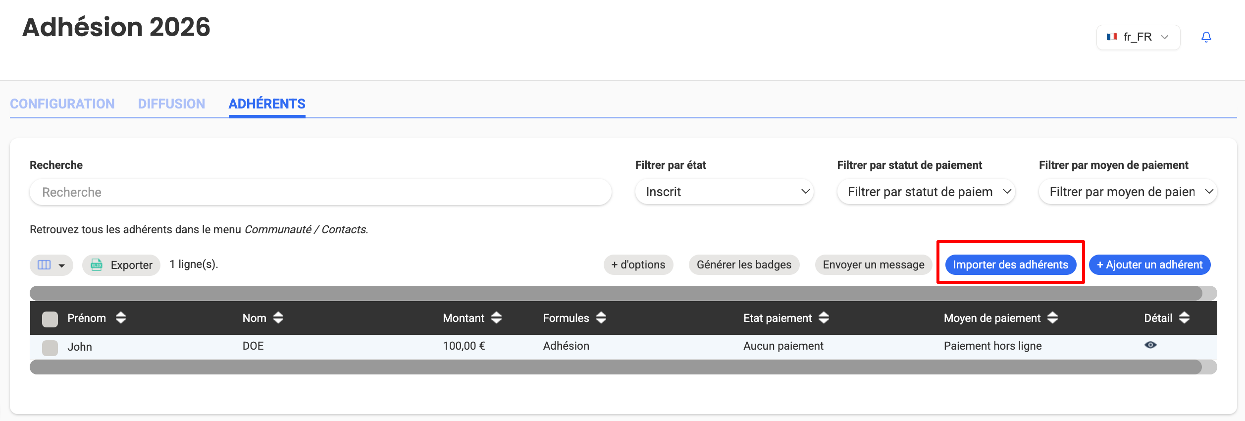 Onglet Adhérents de la campagne Adhésion 2026, avec le bouton « Importer des adhérents » mis en évidence en rouge