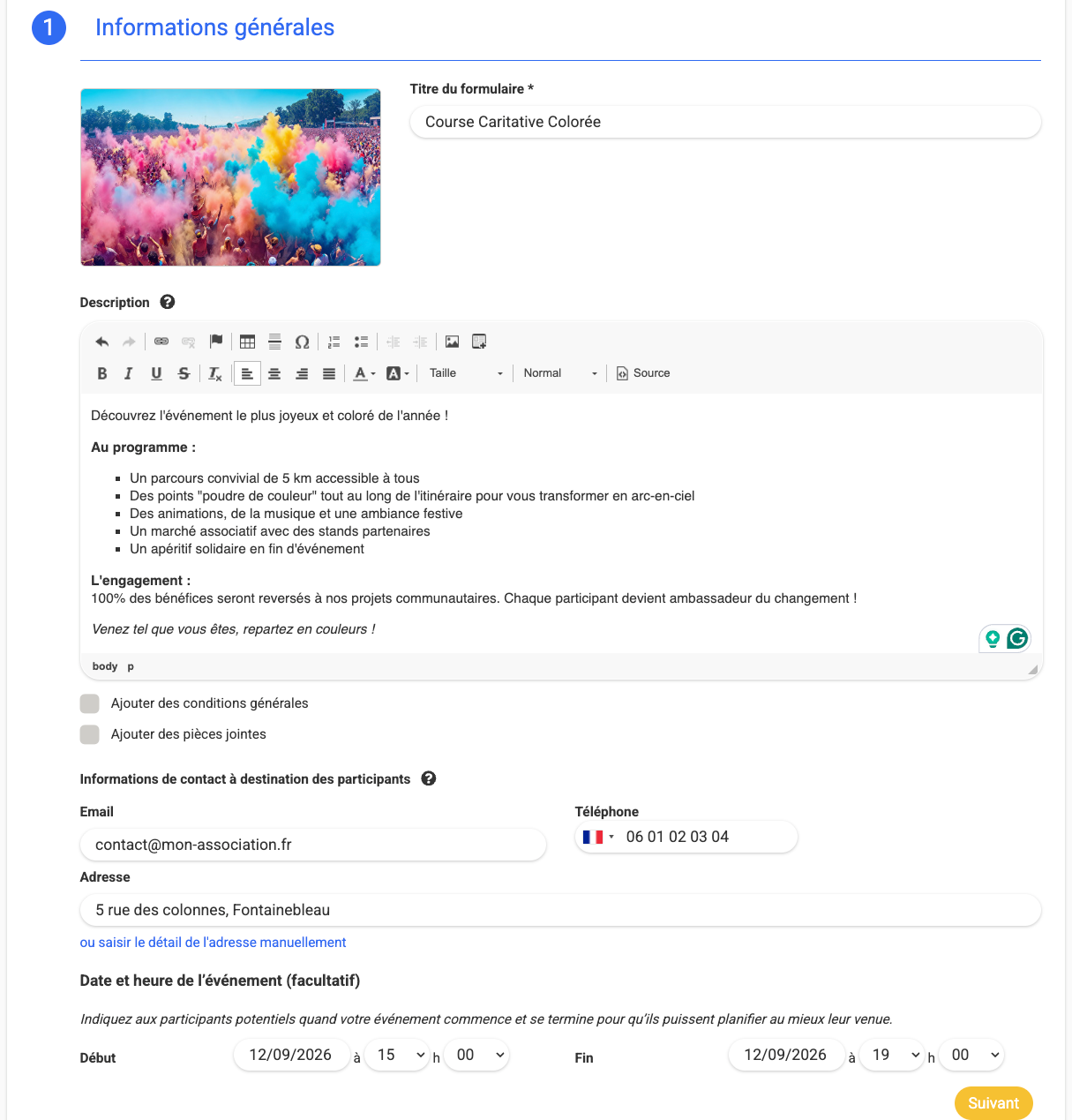 Présentation de l'étape 1 "Informations générales" d'un formulaire d'événement.