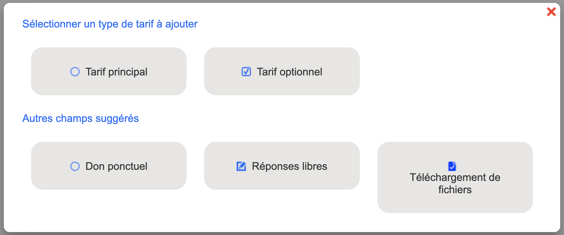 Présentation des différentes possibilités de tarifs ou champs suggérés en cliquant sur "+ tarif"