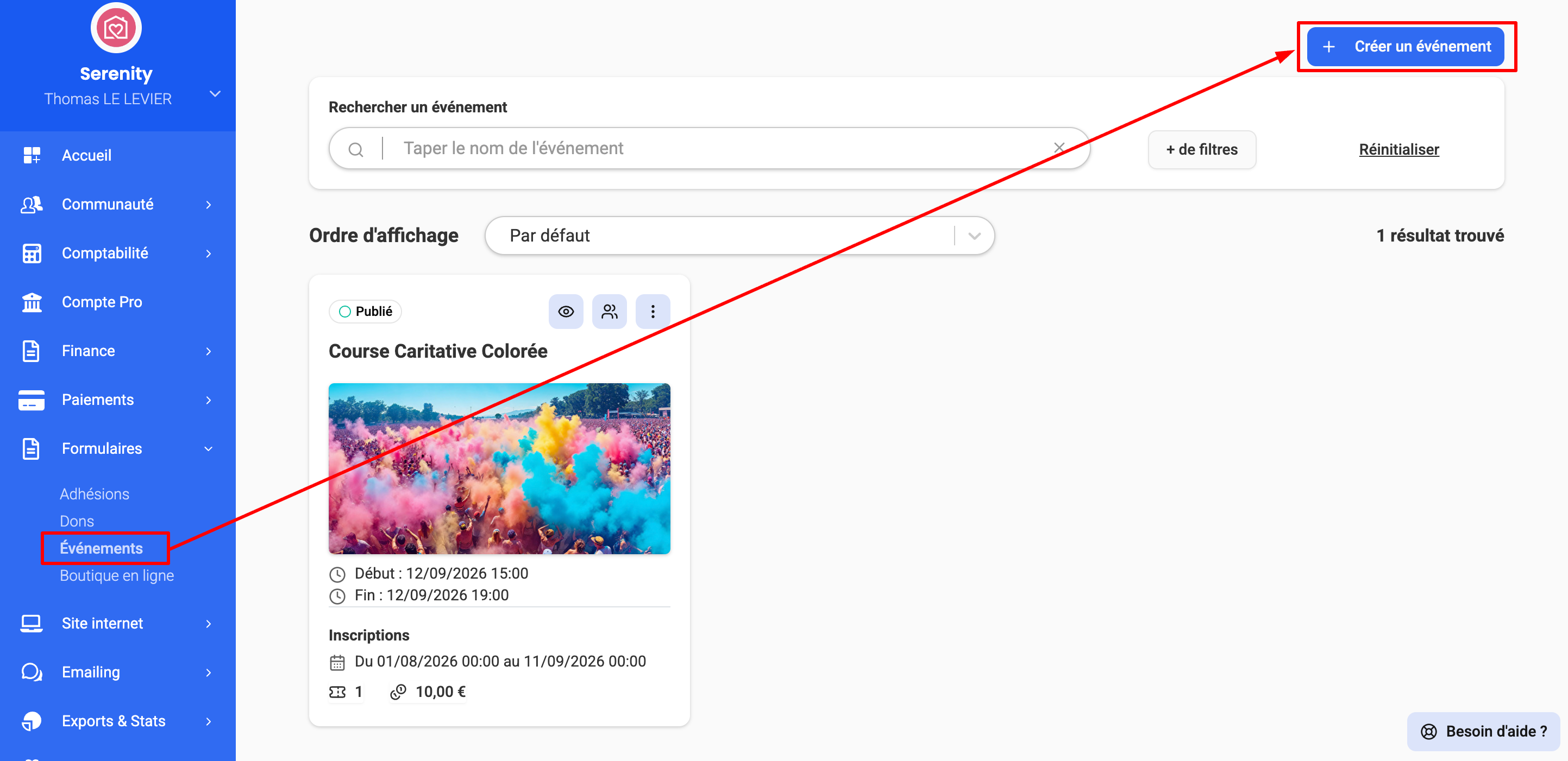 Dans la page de gestion des événements : le menu Formulaire > Evénement et mis en avant, ainsi que le bouton en haut à droite pour créer un nouvel événement