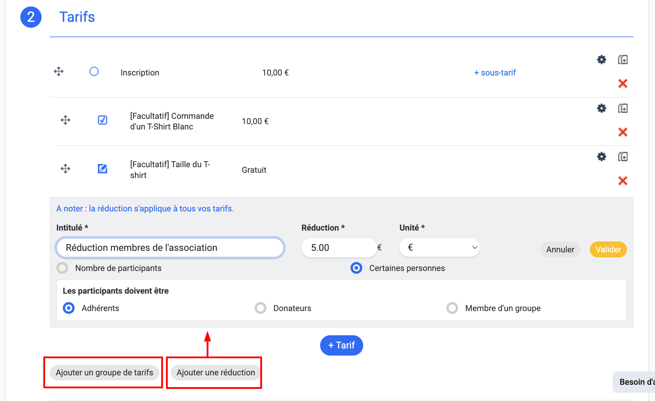 Options de configuration supplémentaires mises en avant : "Ajouter un groupe de tarif" et "Ajouter une réduction"