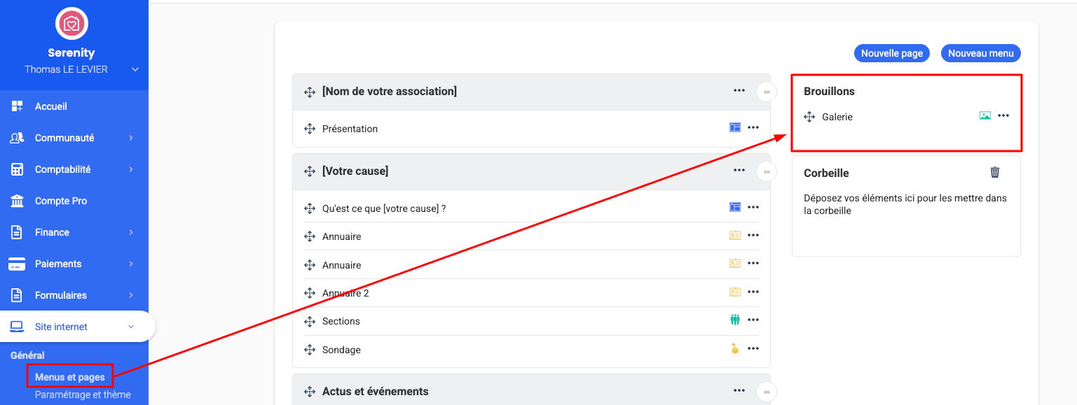 Une page de type "Galerie photos" est présente dans le bloc Brouillon du module Site internet > Menus & Page.