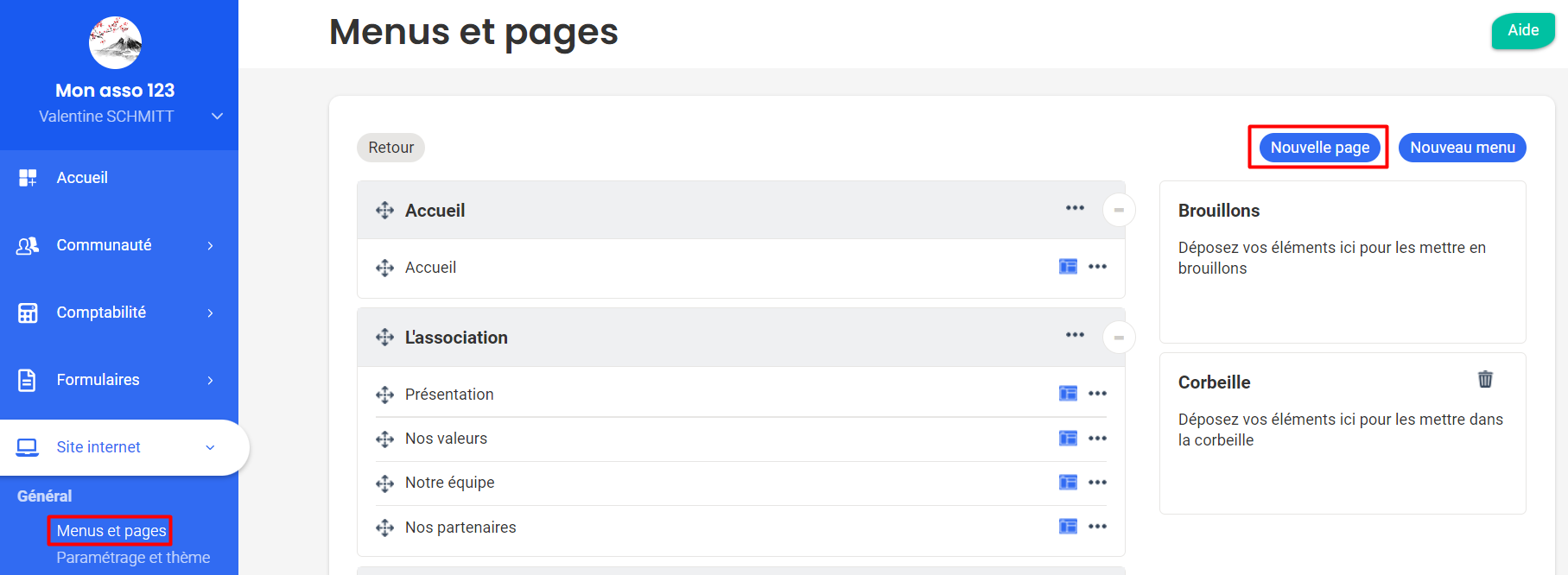 Interface « Menus et pages » d'AssoConnect avec le bouton « Nouvelle page » encadré en rouge et la section « Menus et pages » mise en évidence dans le menu latéral.