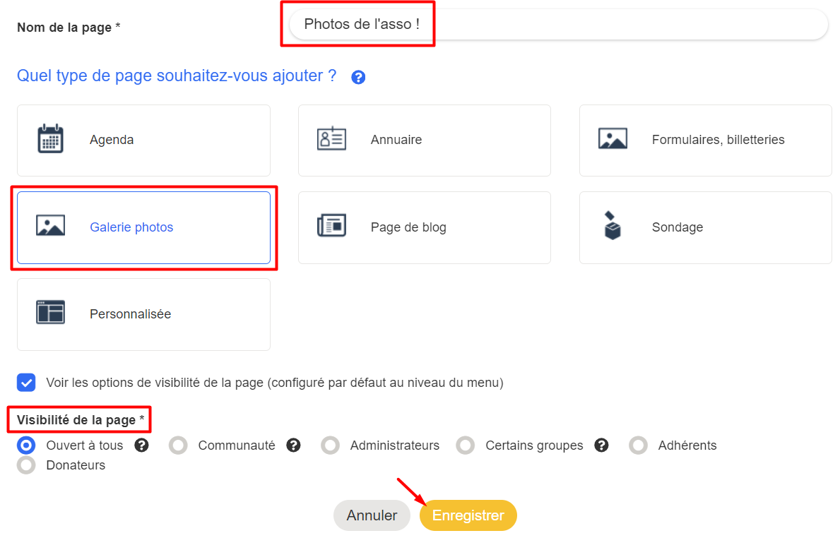 Formulaire d'ajout de page avec le nom « Photos de l'asso ! », le type « Galerie photos » sélectionné, et le bouton Enregistrer mis en évidence.