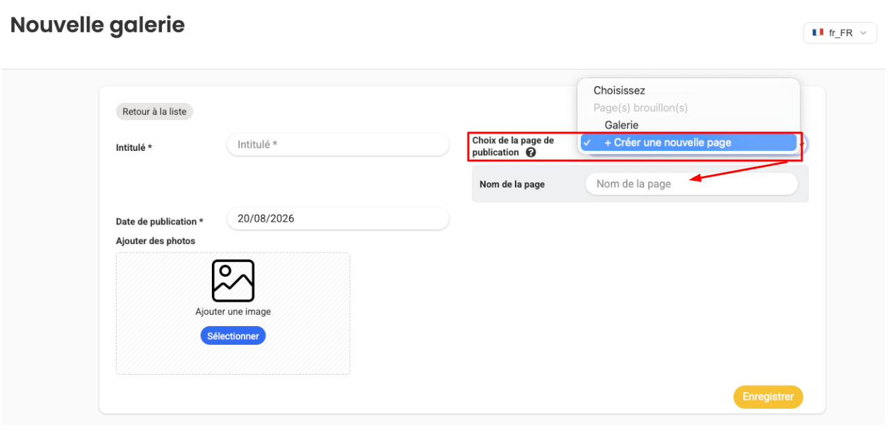 Création d'une nouvelle page lors de la création d'une nouvelle galerie photos. Il faut renseigner le nom de la page. Celle-ci sera mise en brouillon en attendant sa publication.