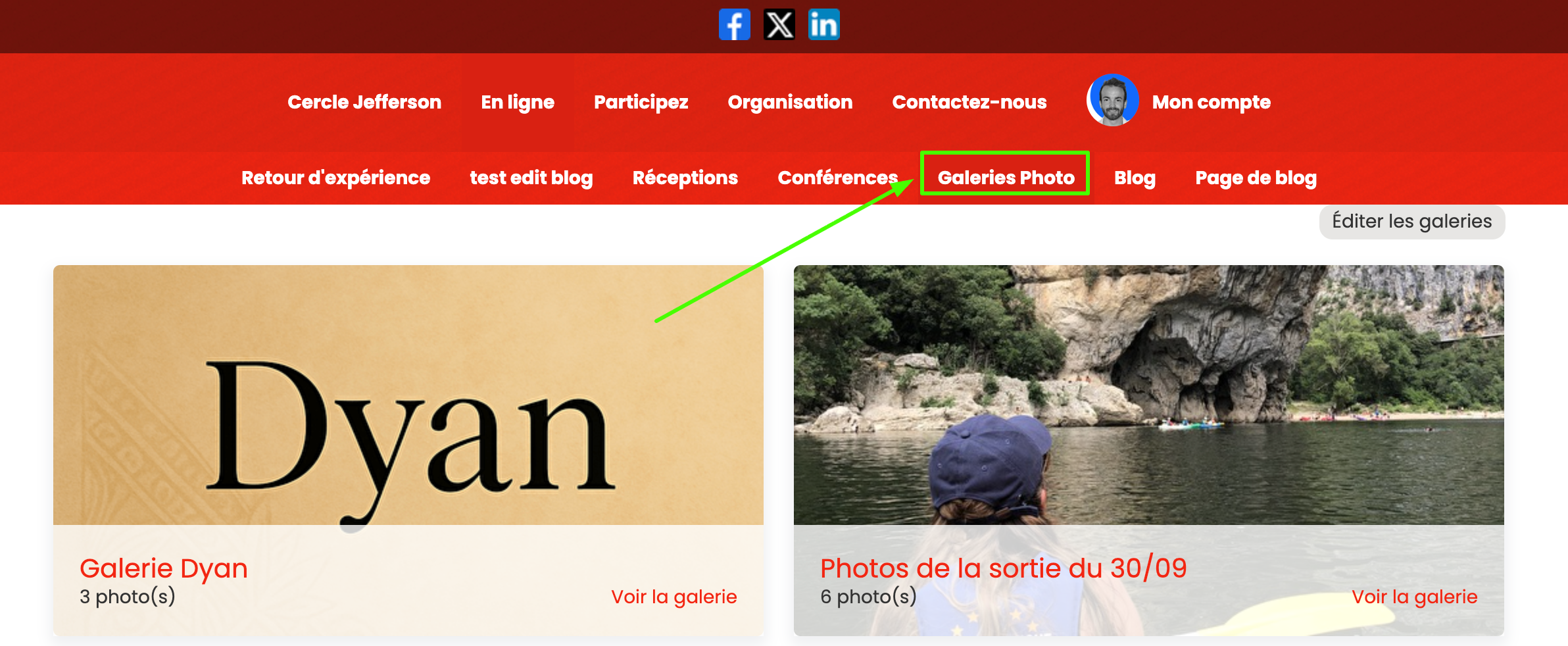 Vue publique d'une page Galerie publique d'une site internet. Deux galeries différentes sont côté à côté dans la page.