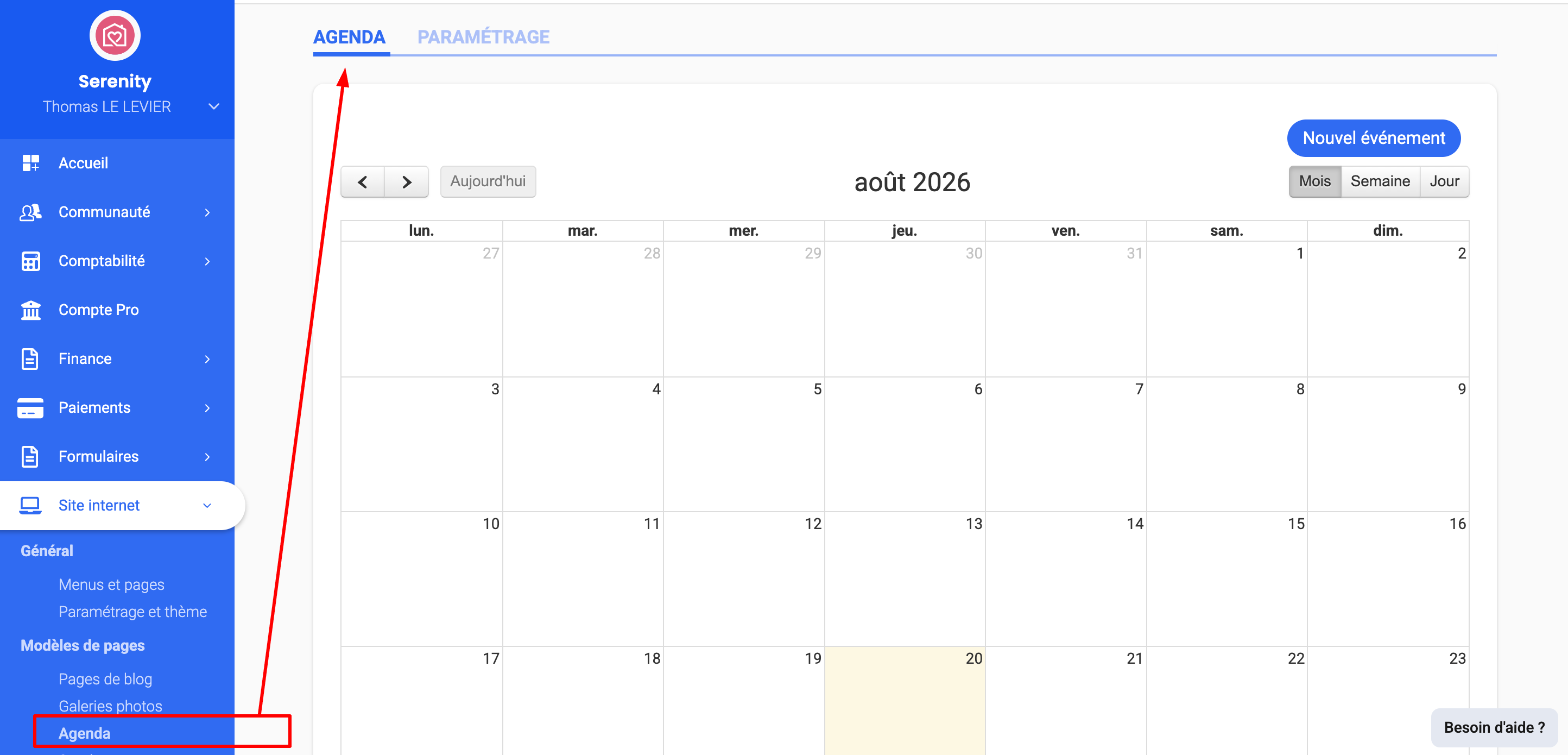 Affichage de l'agenda. Le menu est rangé dans le menu déroulant du module Site Internet.