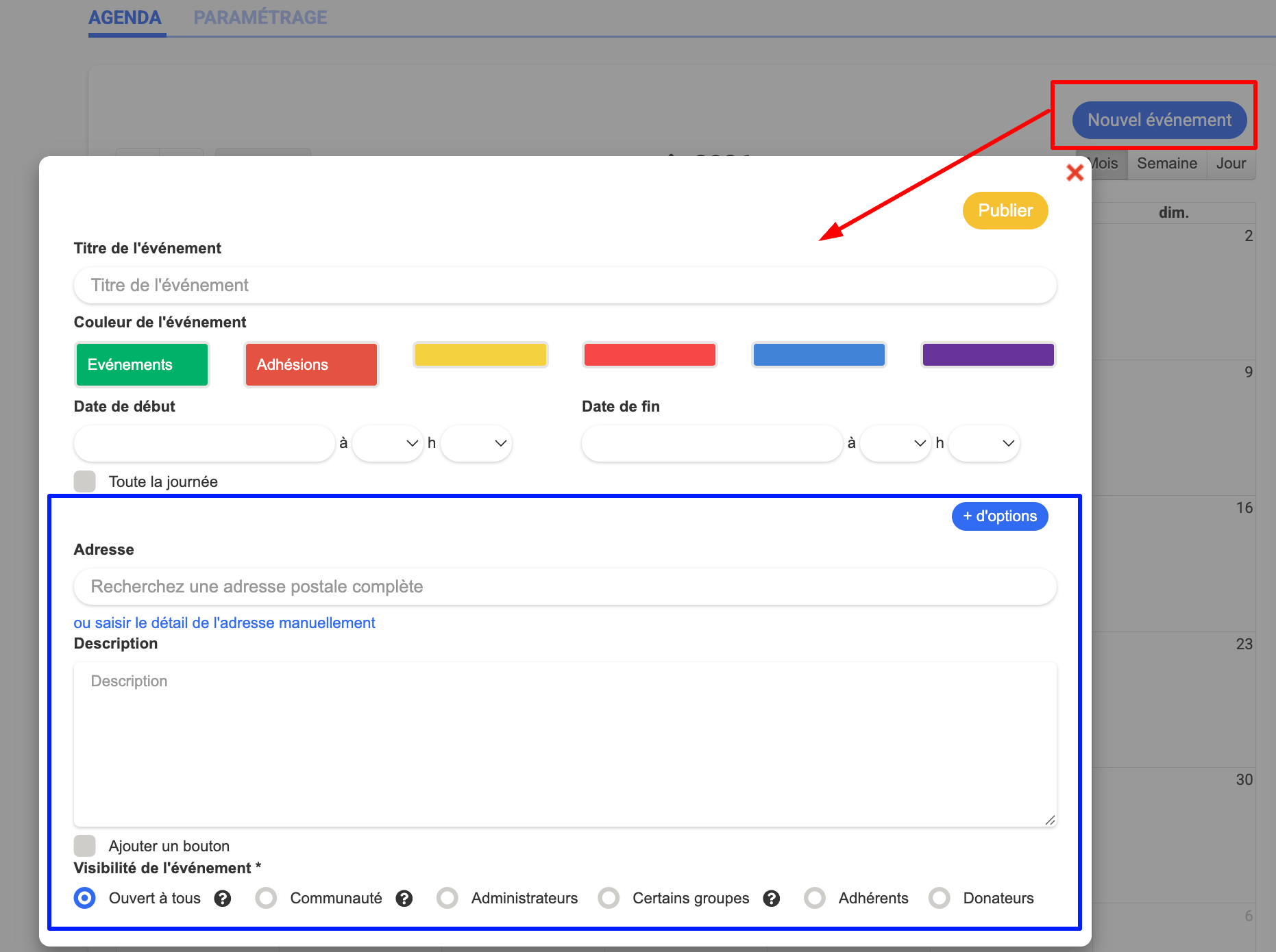 Fenêtre de création d'un événement Agenda dans AssoConnect, avec le titre « Conseil d'administration », le choix de couleur et les dates de début et fin, et le bouton « Publier » mis en évidence.