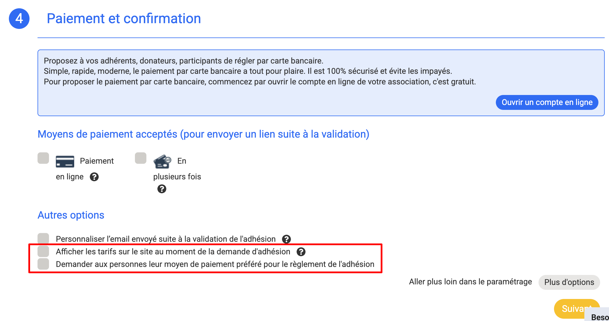 Présences d'options supplémentaires à l'étape 4 "Paiement et confirmation".