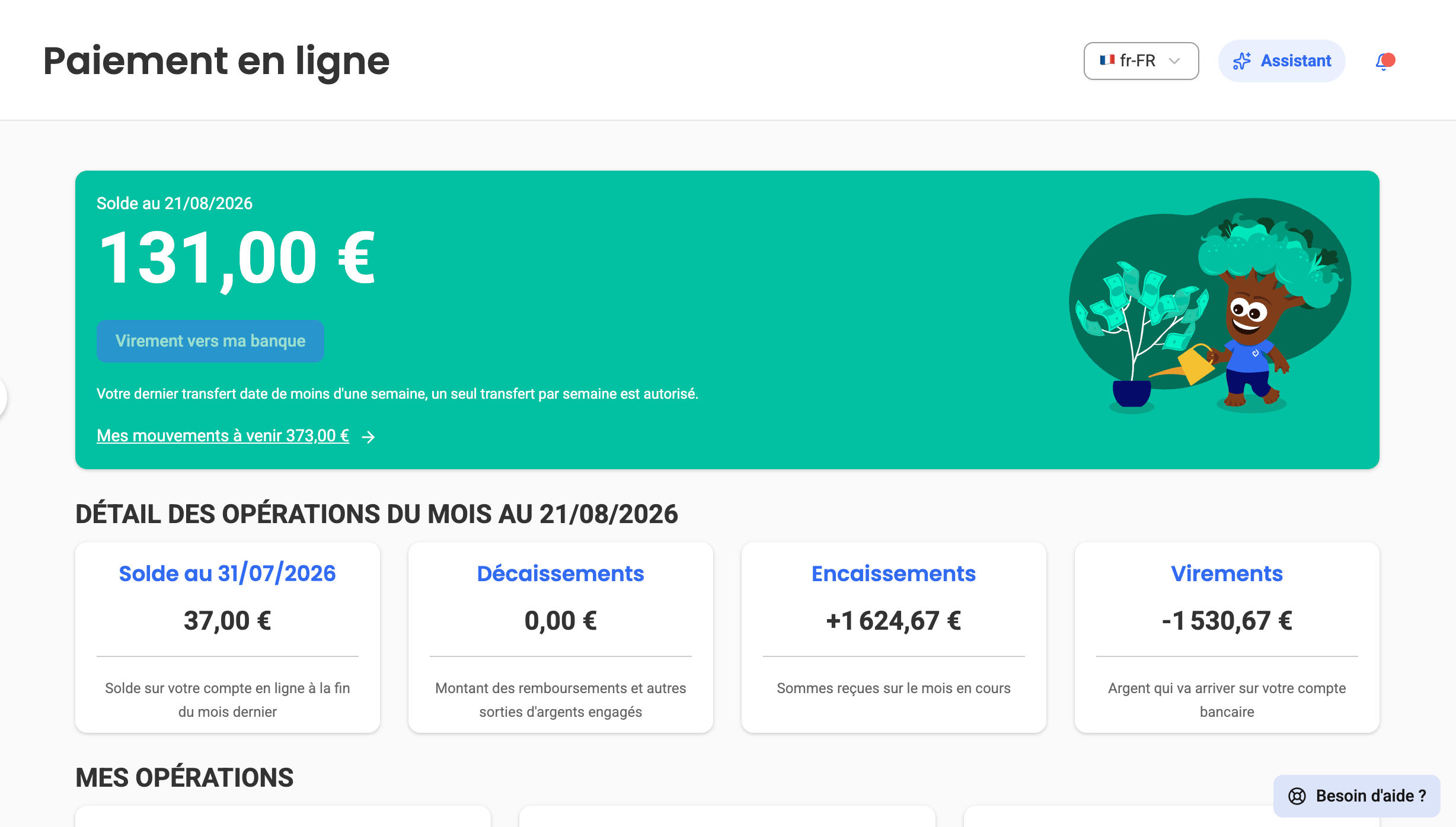 Interface du compte en ligne. Le bouton "Virement vers ma banque" n'est pas cliquable