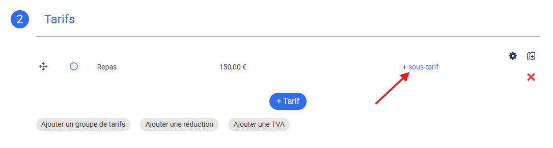 Formulaire d'édition de la billetterie, section Tarifs, avec le bouton Sous-tarif visible en regard du tarif principal