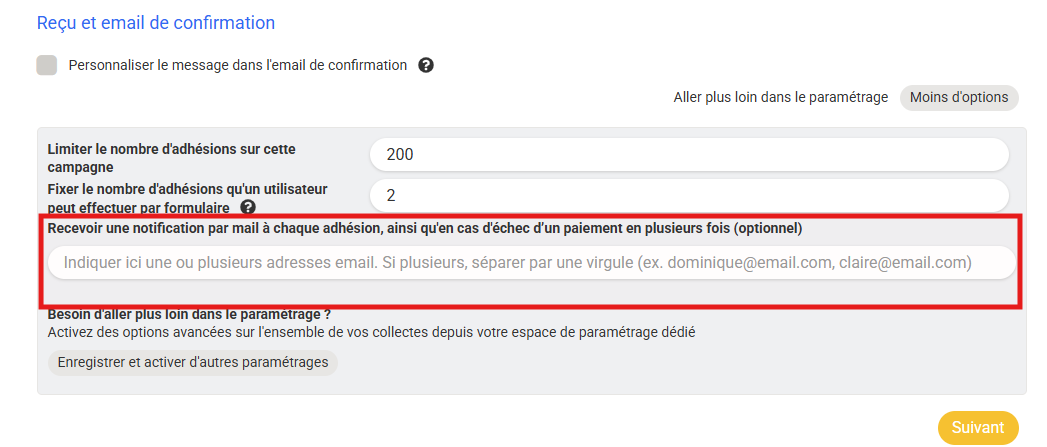 Champ de saisie 'Recevoir une notification par mail à chaque adhésion (facultatif)' avec une adresse email renseignée