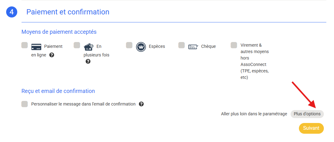 Étape 4 du formulaire d'adhésion avec le bouton + d'options déplié