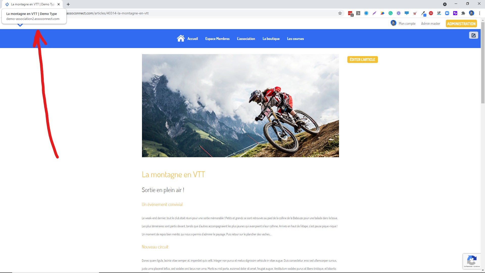 AssoConnect-artikelpagina « La montagne en VTT » met een foto van een fietser in de bergen en de knop « Artikel bewerken » aangeduid.