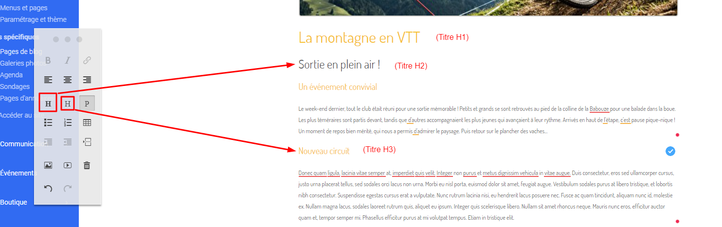 AssoConnect-teksteditor met de H-knoppen (titels H2 en H3) in de werkbalk, met pijlen die de titelniveaus H2 en H3 in de pagina aanduiden.