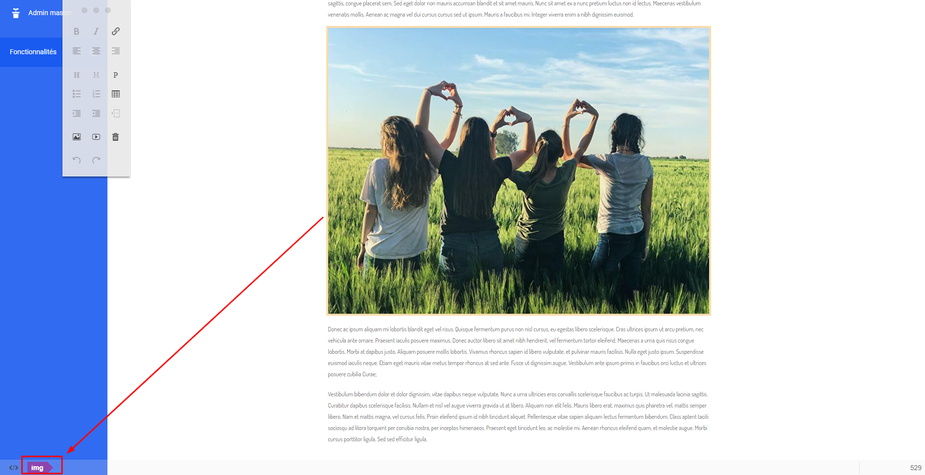 AssoConnect-inhoudseditor met een img-tag aangeduid onderaan, die de plaats van een afbeelding in het artikel aangeeft