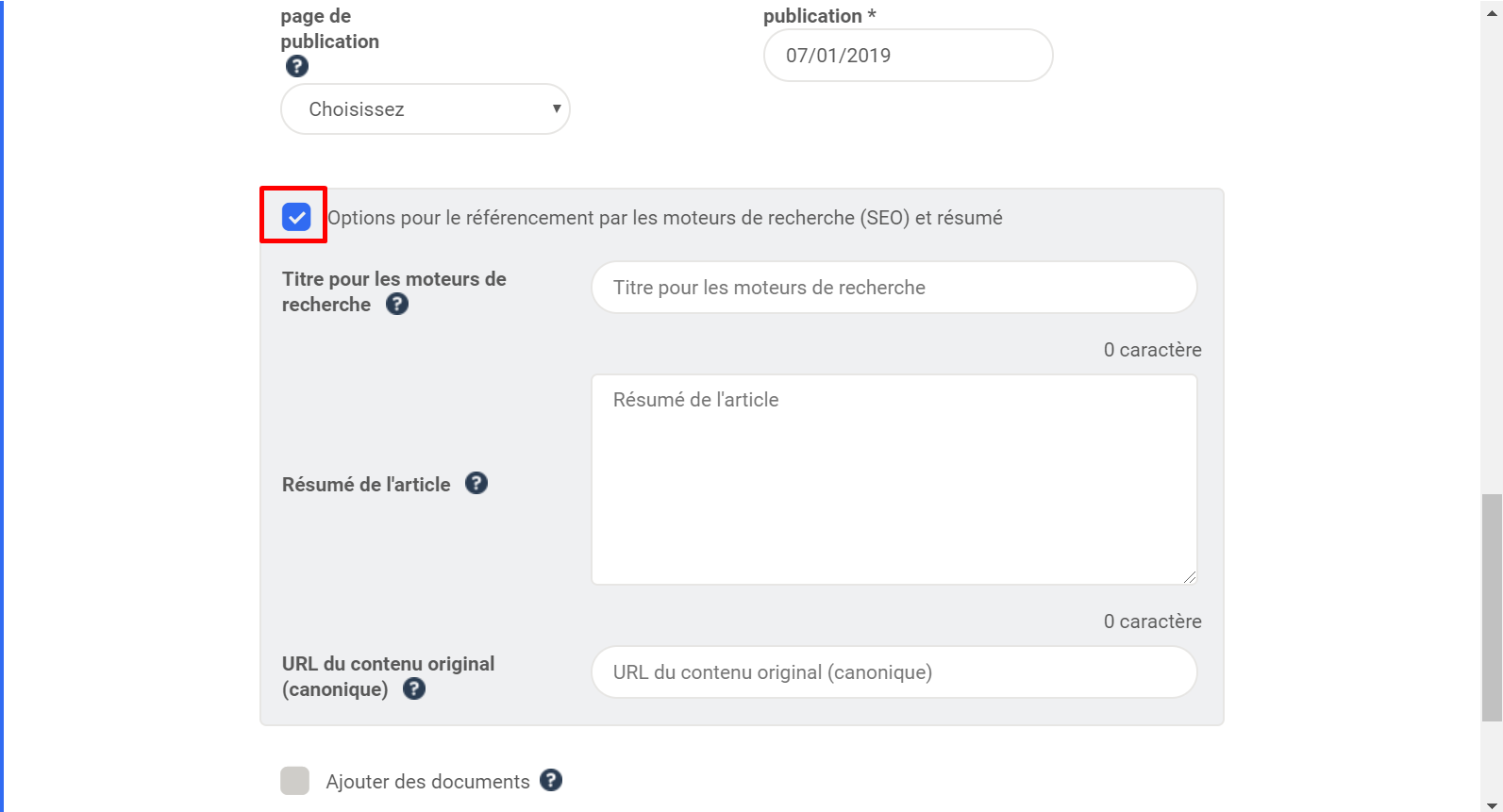 SEO-gedeelte van een artikel met het aangevinkte vakje « Opties voor de vindbaarheid (SEO) en samenvatting », omkaderd in het rood