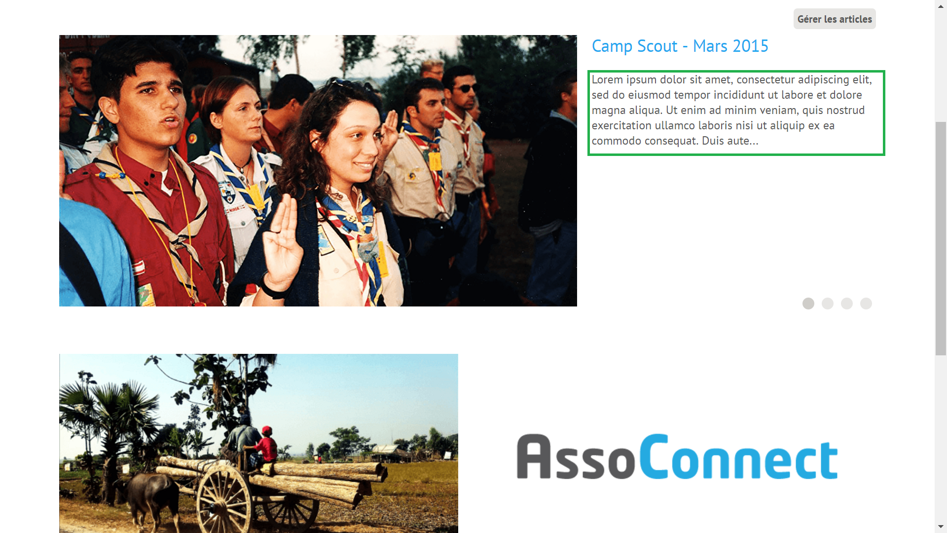 AssoConnect-artikelpagina met een artikel « Camp Scout - Mars 2015 », een foto van scouts en een aangeduid tekstkader