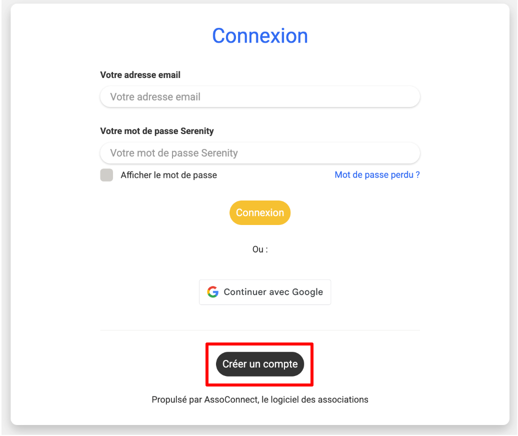 Sur l'interface de connexion à une plateforme, le bouton « Créer un compte » apparaît si l'une des deux options « Oui » a été cochée.