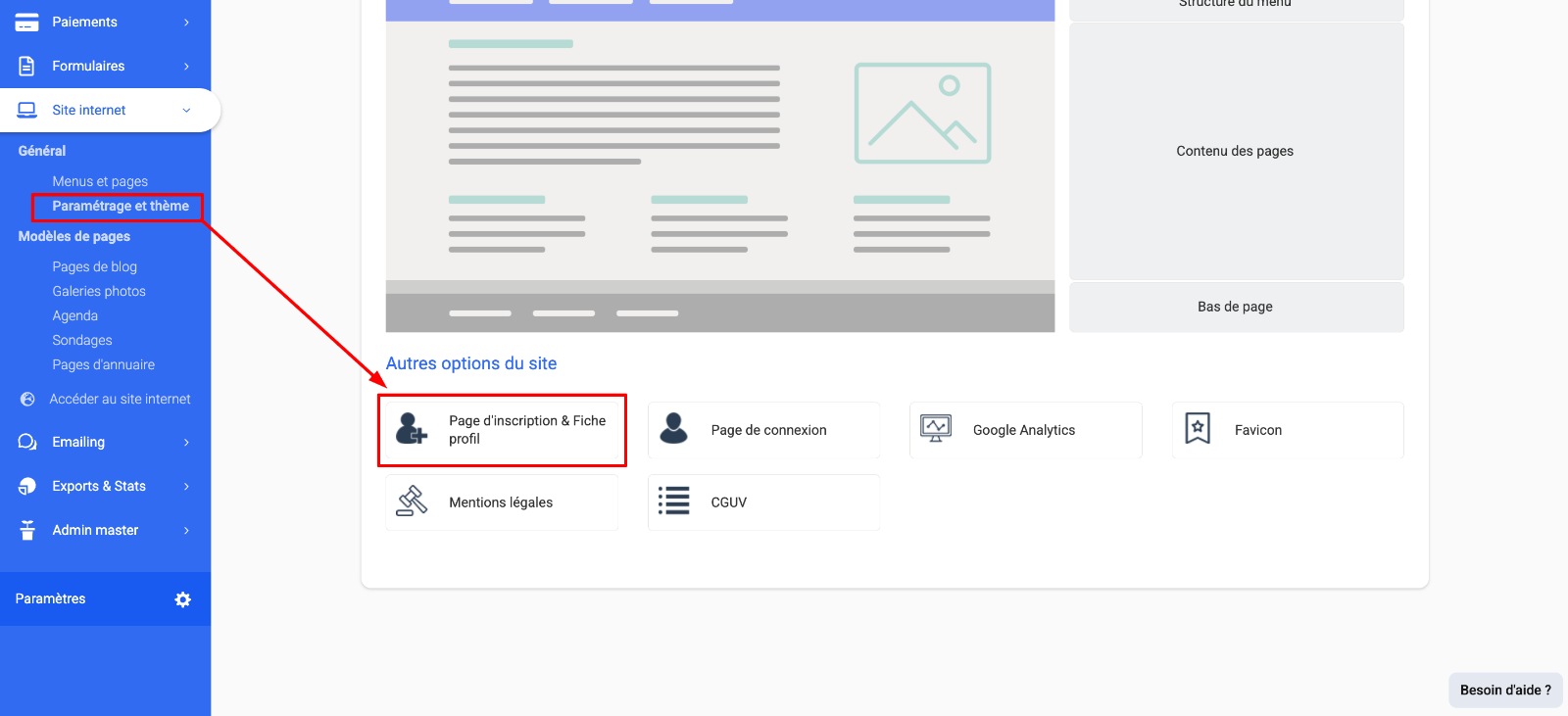 Page Paramétrage et thème du Site Internet, avec le lien 'Page d'inscription & Fiche profil' visible en bas de page