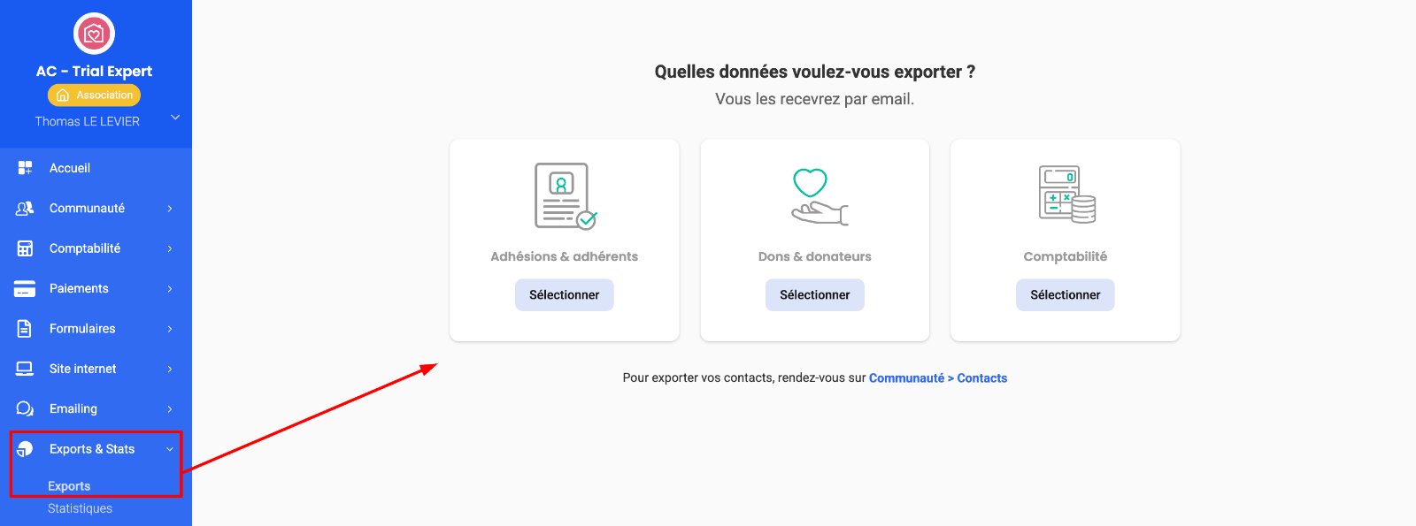 Exports sélectionné dans Exports & Stats. 3 jeux de données apparaissent et peuvent être sélectionnés : Adhésions & adhérents, Dons & donateurs, Comptabilité.