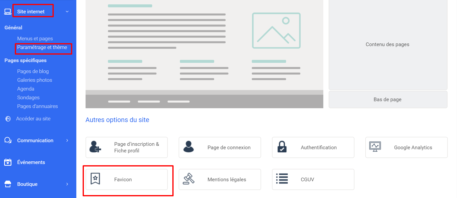 Mise en avant de l'option Favicon en bas de la page Paramétrage et thème du module Site Internet.
