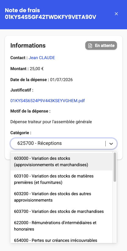 Fiche note de frais AssoConnect avec le champ Catégorie ouvert, affichant une liste de comptes comptables dont "625700 - Réceptions" sélectionné