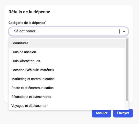 Menu déroulant « Catégorie de la dépense » ouvert, affichant des options comme Fournitures, Frais de mission, Marketing et communication ou Voyages et déplacement