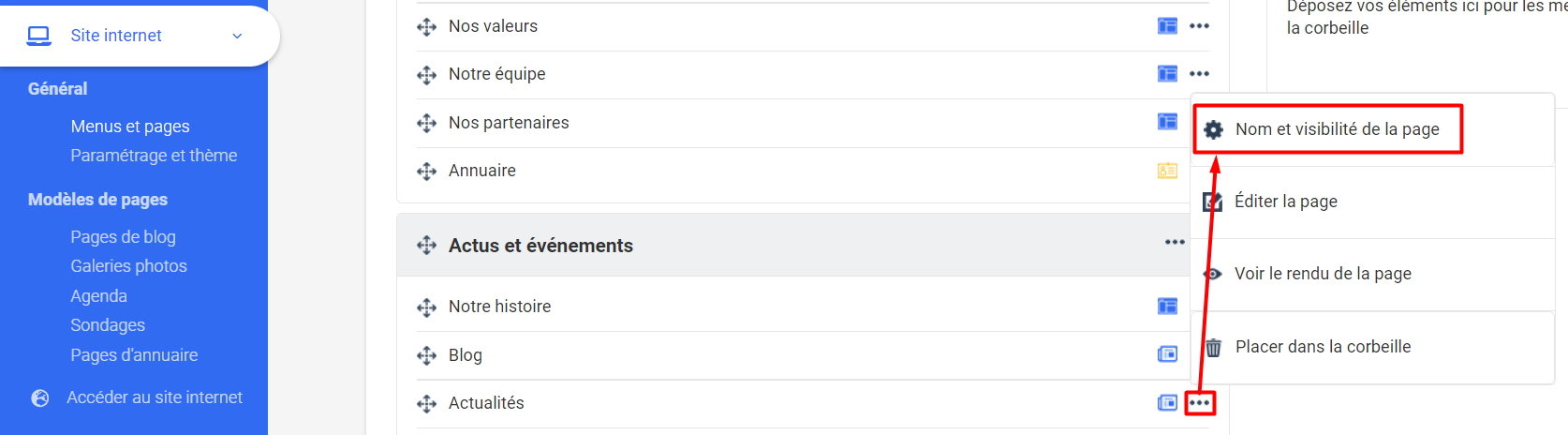 Contextmenu van een pagina in AssoConnect, met de optie “Naam en zichtbaarheid van de pagina” aangeduid met een rode pijl
