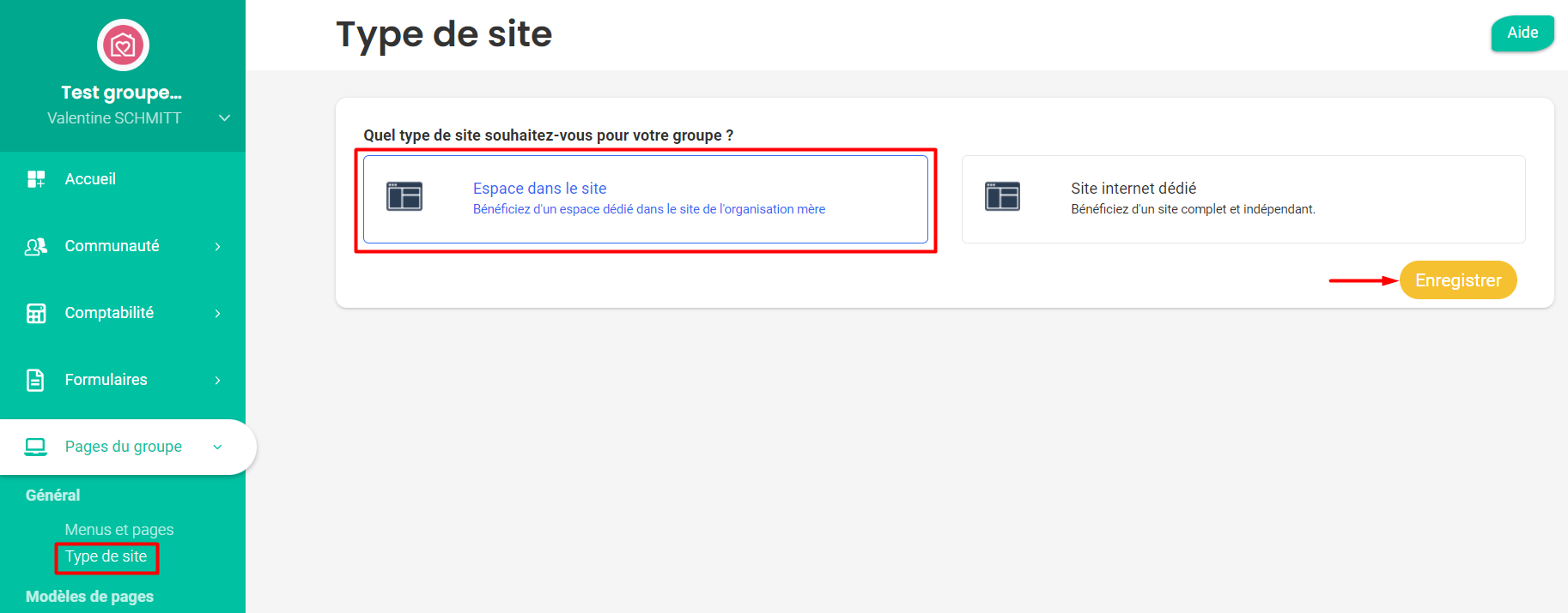 Pagina “Type website” met de optie “Ruimte binnen de website” geselecteerd en de knop “Opslaan” gemarkeerd