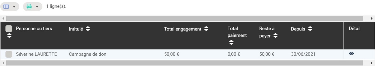 Pledge list in AssoConnect showing one row for Claire Martin: donation campaign of $50, $50 remaining to pay, since 06/30/2021