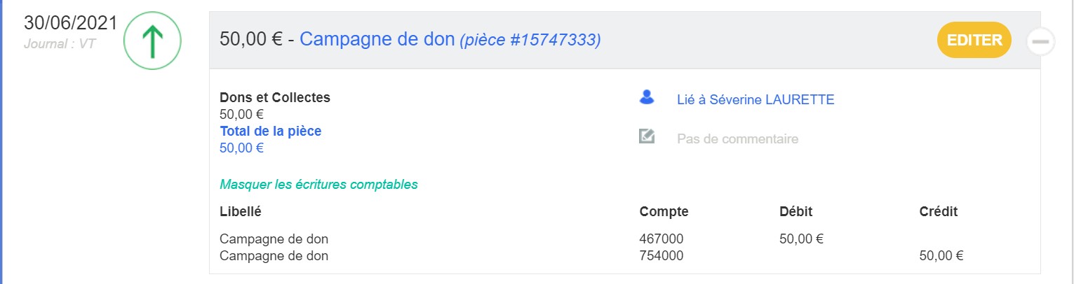 Boeking in AssoConnect van een giftencampagne van € 50, met de rekeningen 467000 (debet) en 754000 (credit), verbonden aan een contact.