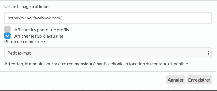 Facebook module settings in AssoConnect: URL field, options to display the news feed and profile photos, cover format selector