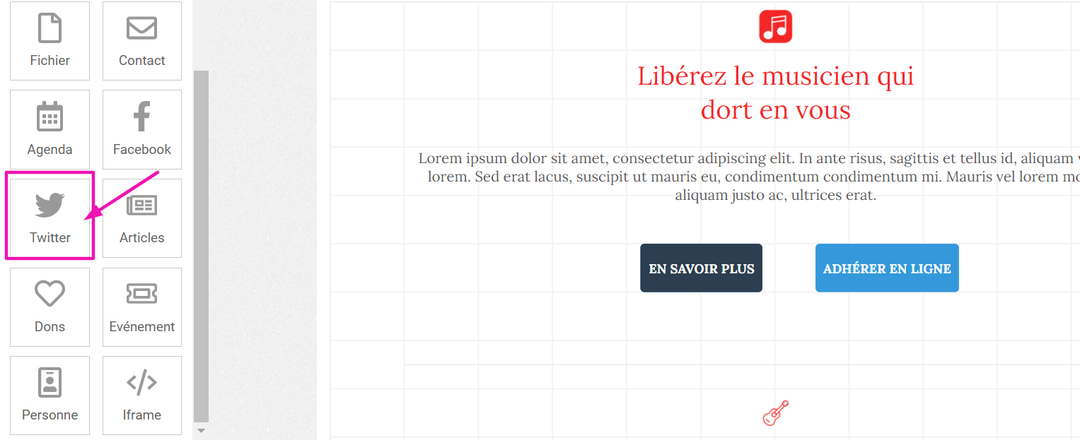 Panel de bloques del editor de AssoConnect con el bloque Twitter destacado con una flecha rosa