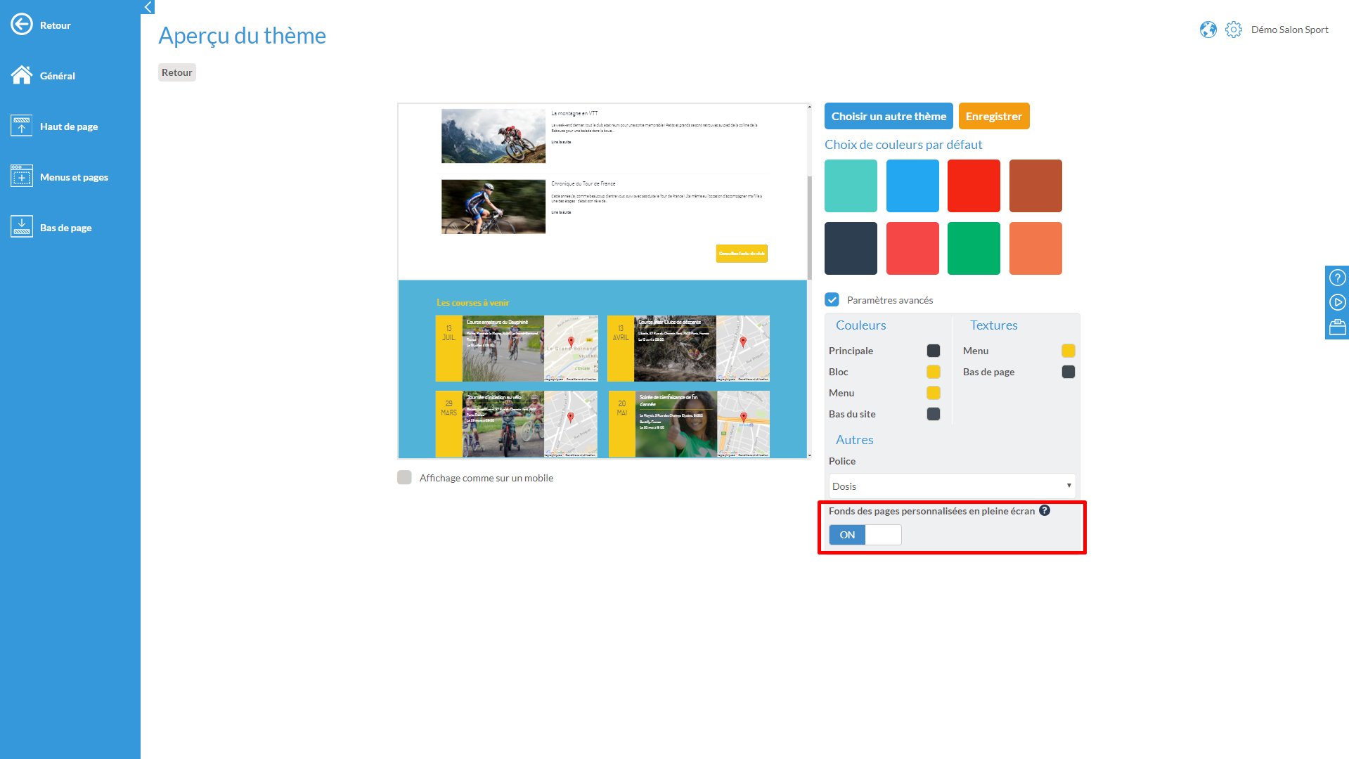 Aperçu du thème dans AssoConnect avec la section « Fonds des pages personnalisées en pleine écran » activée (ON), mise en évidence par un encadré rouge