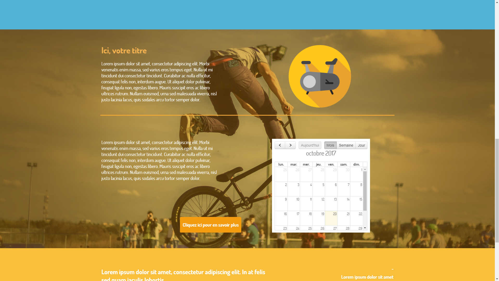 Página de inicio de AssoConnect con un calendario mensual de octubre de 2017, un botón «Haz clic aquí para saber más» y un icono de bicicleta estática.