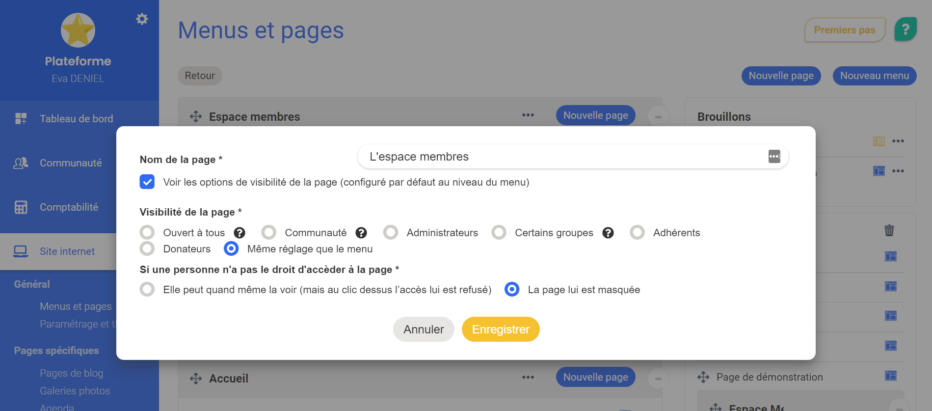 Settings window for a “The member area” page with the visibility and access options on AssoConnect